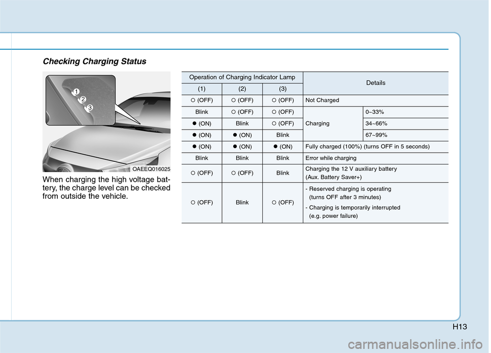 Hyundai Ioniq Plug-in Hybrid 2020  Owners Manual H13
Checking Charging Status
When charging the high voltage bat-
tery, the charge level can be checked
from outside the vehicle.
OAEEQ016025
Operation of Charging Indicator LampDetails(1)(2)(3)
(OFF)