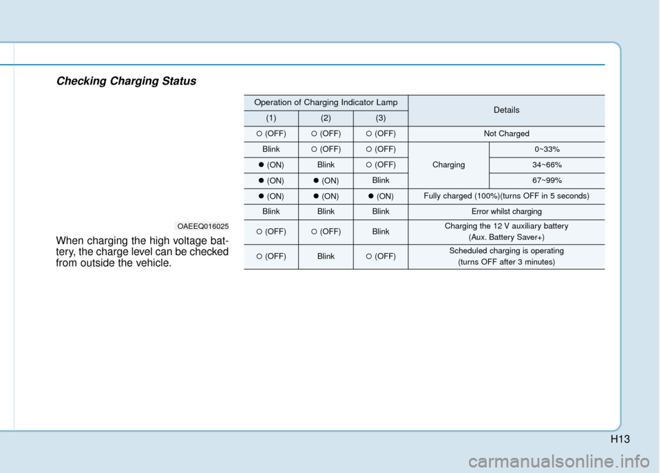 Hyundai Ioniq Plug-in Hybrid 2019  Owners Manual - RHD (UK, Australia) H13
Checking Charging Status
When charging the high voltage bat-
tery, the charge level can be checked
from outside the vehicle.
OAEEQ016025
Operation of Charging Indicator LampDetails(1)(2)(3)
(OFF)