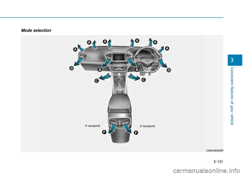 Hyundai Ioniq Plug-in Hybrid 2019  Owners Manual - RHD (UK, Australia) 3-131
Convenient features of your vehicle
3
OAE046306R
(if equipped)
(if equipped)
Mode selection 