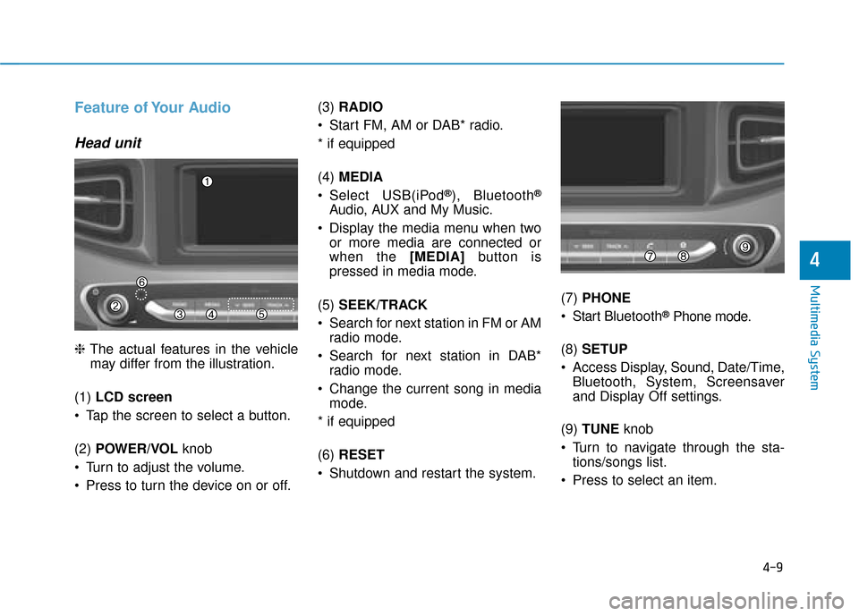 Hyundai Ioniq Plug-in Hybrid 2019  Owners Manual - RHD (UK, Australia) 4-9
Multimedia System
4
Feature of Your Audio
Head unit
❈The actual features in the vehicle
may differ from the illustration.
(1)  LCD screen
 Tap the screen to select a button.
(2)  POWER/VOL  knob