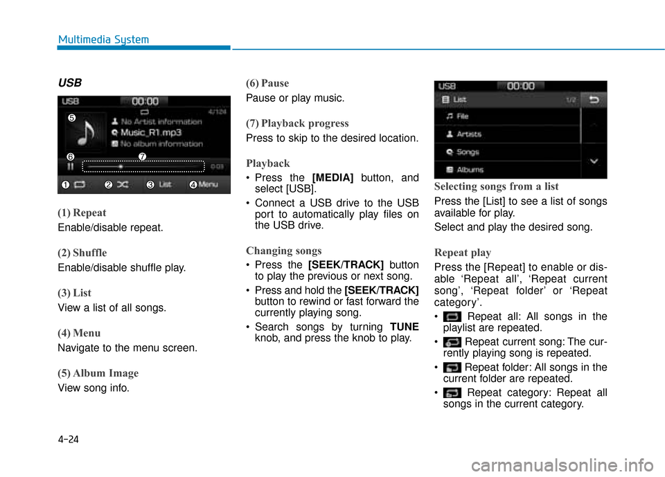 Hyundai Ioniq Plug-in Hybrid 2019  Owners Manual - RHD (UK, Australia) 4-24
Multimedia System
USB
(1) Repeat
Enable/disable repeat.
(2) Shuffle
Enable/disable shuffle play.
(3) List
View a list of all songs.
(4) Menu
Navigate to the menu screen.
(5) Album Image
View song