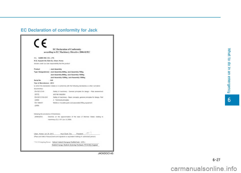 Hyundai Ioniq Plug-in Hybrid 2019  Owners Manual - RHD (UK, Australia) 6-27
What to do in an emergency
6
JACKDOC14S
EC Declaration of conformity for Jack 