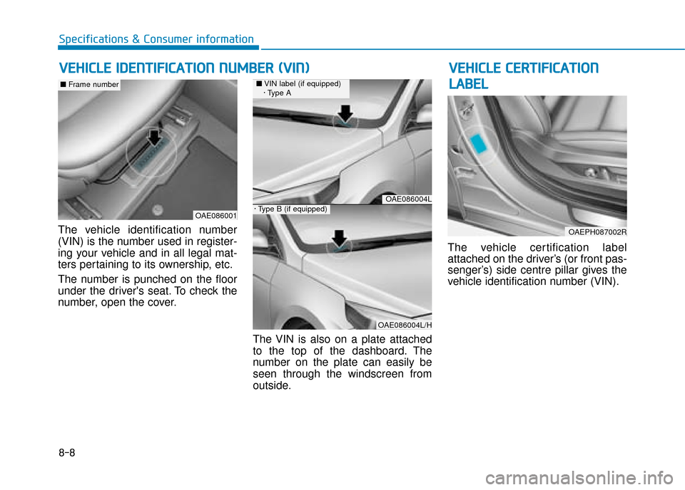 Hyundai Ioniq Plug-in Hybrid 2019  Owners Manual - RHD (UK, Australia) 8-8
Specifications & Consumer information
V
VE
EH
H I
IC
C L
LE
E  
 I
ID
D E
EN
N T
TI
IF
F I
IC
C A
A T
TI
IO
O N
N 
 N
N U
U M
M B
BE
ER
R  
 (
( V
V I
IN
N )
) V
VE
EH
H I
IC
C L
LE
E  
 C
C E
E R