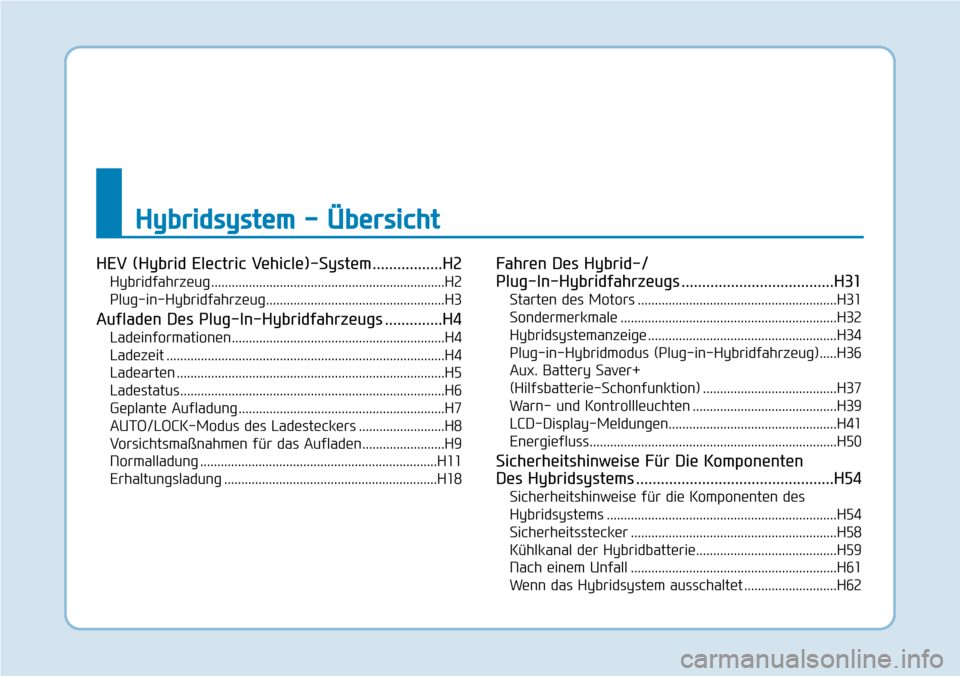 Hyundai Ioniq Plug-in Hybrid 2019 Betriebsanleitung (in German) Hybridsystem - Übersicht
HEV (Hybrid Electric Vehicle)-System .................H2
Hybridfahrzeug ....................................................................H2
Plug-in-Hybridfahrzeug......... Hyundai Ioniq Plug-in Hybrid 2019 Betriebsanleitung (in German) Hybridsystem - Übersicht
HEV (Hybrid Electric Vehicle)-System .................H2
Hybridfahrzeug ....................................................................H2
Plug-in-Hybridfahrzeug.........