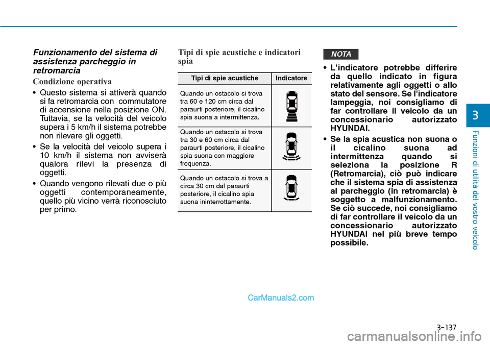 Hyundai Ioniq Plug-in Hybrid 2019  Manuale del proprietario (in Italian) 3-137
Funzioni di utilità del vostro veicolo
3
Funzionamento del sistema di
assistenza parcheggio in
retromarcia
Condizione operativa
• Questo sistema si attiverà quando
si fa retromarcia con  com