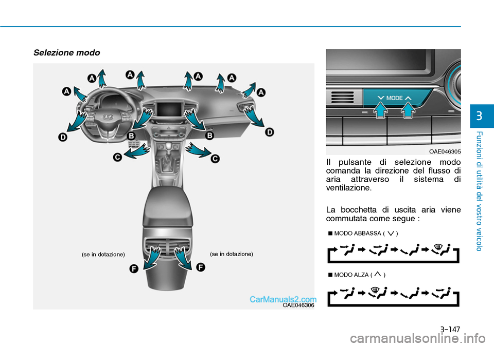 Hyundai Ioniq Plug-in Hybrid 2019  Manuale del proprietario (in Italian) 3-147
Funzioni di utilità del vostro veicolo
3
Selezione modo
Il pulsante di selezione modo
comanda la direzione del flusso di
aria attraverso il sistema di
ventilazione.
La bocchetta di uscita aria 