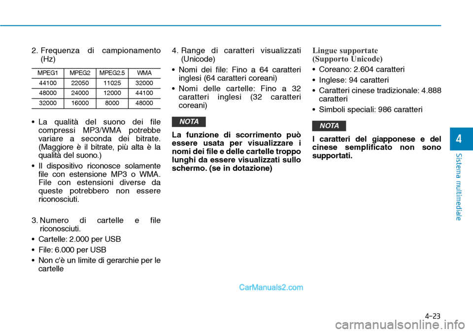 Hyundai Ioniq Plug-in Hybrid 2019  Manuale del proprietario (in Italian) 4-23
Sistema multimediale
4
2. Frequenza di campionamento
(Hz)
• La qualità del suono dei file
compressi MP3/WMA potrebbe
variare a seconda dei bitrate.
(Maggiore è il bitrate, più alta è la
qua