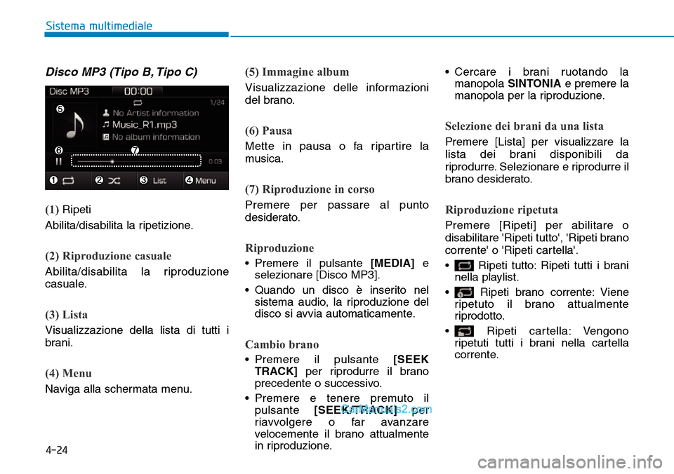 Hyundai Ioniq Plug-in Hybrid 2019  Manuale del proprietario (in Italian) 4-24
Sistema multimediale
Disco MP3 (Tipo B, Tipo C)
(1) Ripeti
Abilita/disabilita la ripetizione.
(2) Riproduzione casuale
Abilita/disabilita la riproduzione
casuale.
(3) Lista
Visualizzazione della 