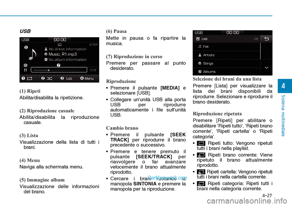 Hyundai Ioniq Plug-in Hybrid 2019  Manuale del proprietario (in Italian) 4-27
Sistema multimediale
4
USB
(1) Ripeti
Abilita/disabilita la ripetizione.
(2) Riproduzione casuale
Abilita/disabilita la riproduzione
casuale.
(3) Lista
Visualizzazione della lista di tutti i
bran