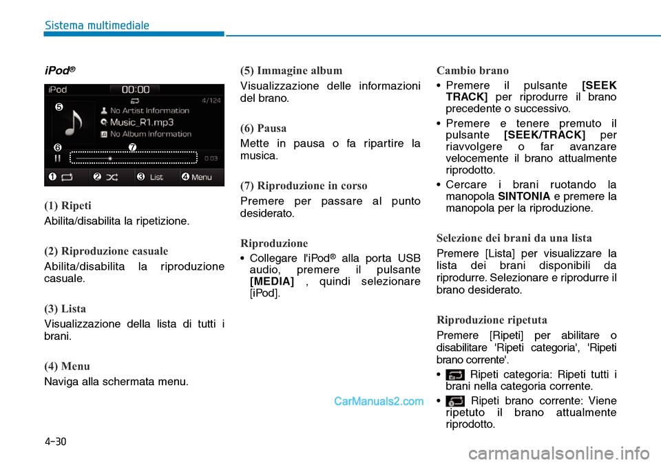 Hyundai Ioniq Plug-in Hybrid 2019  Manuale del proprietario (in Italian) 4-30
Sistema multimediale
iPod®
(1) Ripeti
Abilita/disabilita la ripetizione.
(2) Riproduzione casuale
Abilita/disabilita la riproduzione
casuale.
(3) Lista
Visualizzazione della lista di tutti i
bra