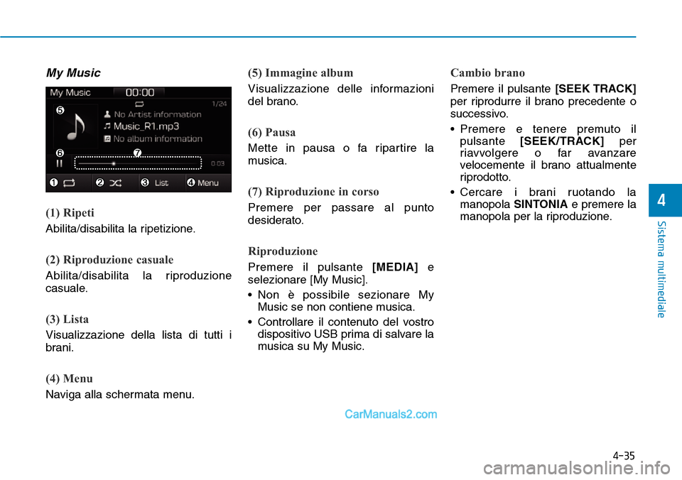 Hyundai Ioniq Plug-in Hybrid 2019  Manuale del proprietario (in Italian) 4-35
Sistema multimediale
4
My Music
(1) Ripeti
Abilita/disabilita la ripetizione.
(2) Riproduzione casuale
Abilita/disabilita la riproduzione
casuale.
(3) Lista
Visualizzazione della lista di tutti i