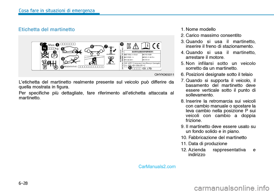 Hyundai Ioniq Plug-in Hybrid 2019  Manuale del proprietario (in Italian) 6-28
Cosa fare in situazioni di emergenza
Letichetta del martinetto realmente presente sul veicolo può differire da
quella mostrata in figura.
Per specifiche più dettagliate, fare riferimento alle