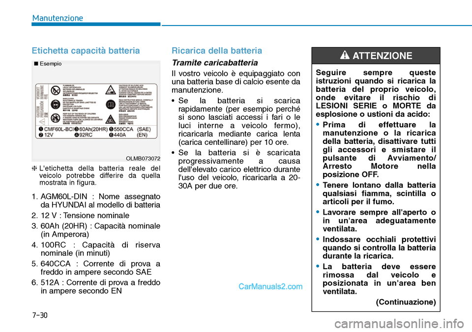 Hyundai Ioniq Plug-in Hybrid 2019  Manuale del proprietario (in Italian) 7-30
Manutenzione
Etichetta capacità batteria
❈Letichetta della batteria reale del
veicolo potrebbe differire da quella
mostrata in figura.
1. AGM60L-DIN : Nome assegnato
da HYUNDAI al modello di 