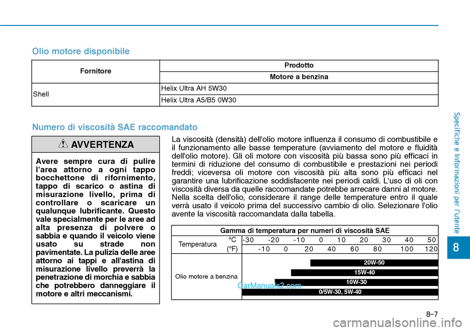 Hyundai Ioniq Plug-in Hybrid 2019  Manuale del proprietario (in Italian) Avere sempre cura di pulire
larea attorno a ogni tappo
bocchettone di rifornimento,
tappo di scarico o astina di
misurazione livello, prima di
controllare o scaricare un
qualunque lubrificante. Quest