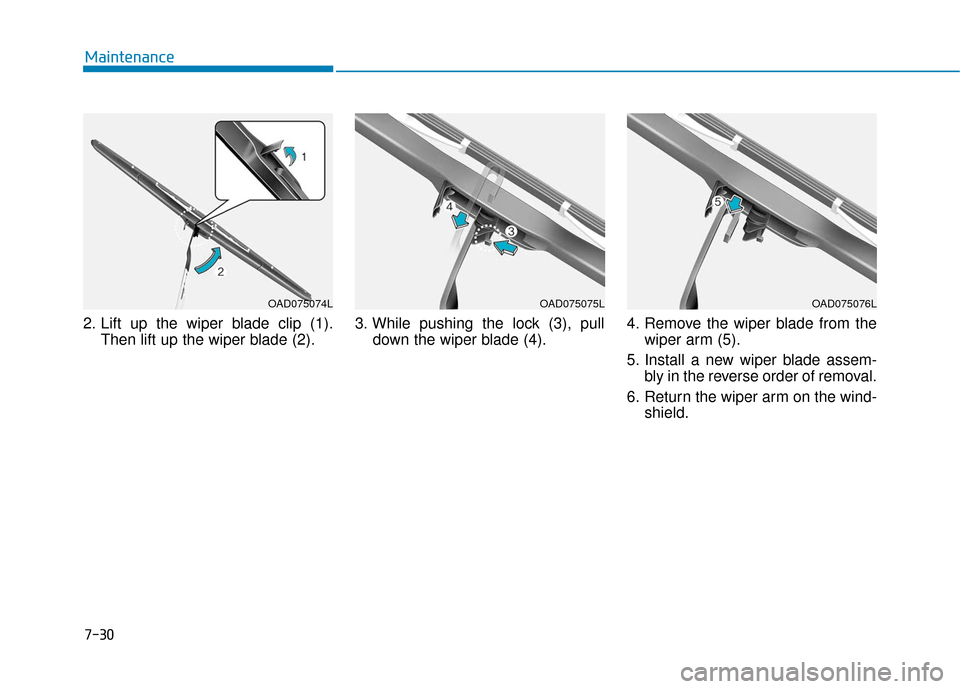 Hyundai Ioniq Plug-in Hybrid 2018  Owners Manual 7-30
Maintenance
2. Lift up the wiper blade clip (1). Then lift up the wiper blade (2). 3. While pushing the lock (3), pull
down the wiper blade (4). 4. Remove the wiper blade from the
wiper arm (5).
