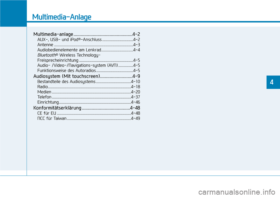 Hyundai Ioniq Plug-in Hybrid 2018 Betriebsanleitung (in German) Multimedia-Anlage
Multimedia-anlage .................................................4-2
AUX-, USB- und iPod®-Anschluss ...............................4-2
Antenne ................................... Hyundai Ioniq Plug-in Hybrid 2018 Betriebsanleitung (in German) Multimedia-Anlage
Multimedia-anlage .................................................4-2
AUX-, USB- und iPod®-Anschluss ...............................4-2
Antenne ...................................