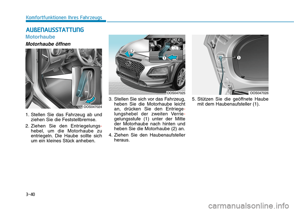 Hyundai Kona 2020  Betriebsanleitung (in German) 3-40
Komfortfunktionen Ihres Fahrzeugs
A AU
Uß
ßE
EN
NA
AU
US
SS
ST
TA
AT
TT
TU
UN
NG
G
Motorhaube
Motorhaube öffnen
1. Stellen Sie das Fahrzeug ab und
ziehen Sie die Feststellbremse.
2. Ziehen Sie