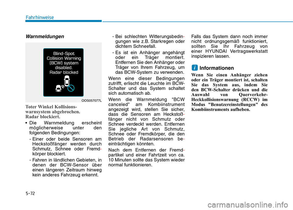 Hyundai Kona 2020  Betriebsanleitung (in German) 5-72
Fahrhinweise
Warnmeldungen
Toter Winkel Kollisions-
warnsystem abgebrochen.
Radar blockiert.
 Die Warnmeldung erscheint
möglicherweise unter den
folgenden Bedingungen:
- Einer oder beide Sensore