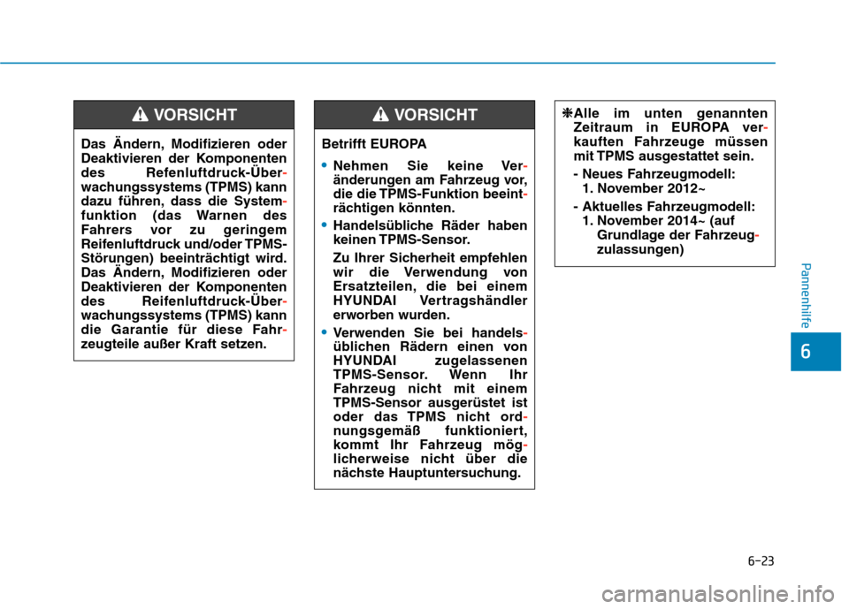 Hyundai Kona 2020  Betriebsanleitung (in German) 6-23
Pannenhilfe
6
Betrifft EUROPA
Nehmen Sie keine Ver-
änderungen am Fahrzeug vor,
die die TPMS-Funktion beeint-
rächtigen könnten.
Handelsübliche Räder haben
keinen TPMS-Sensor.
Zu Ihrer Siche