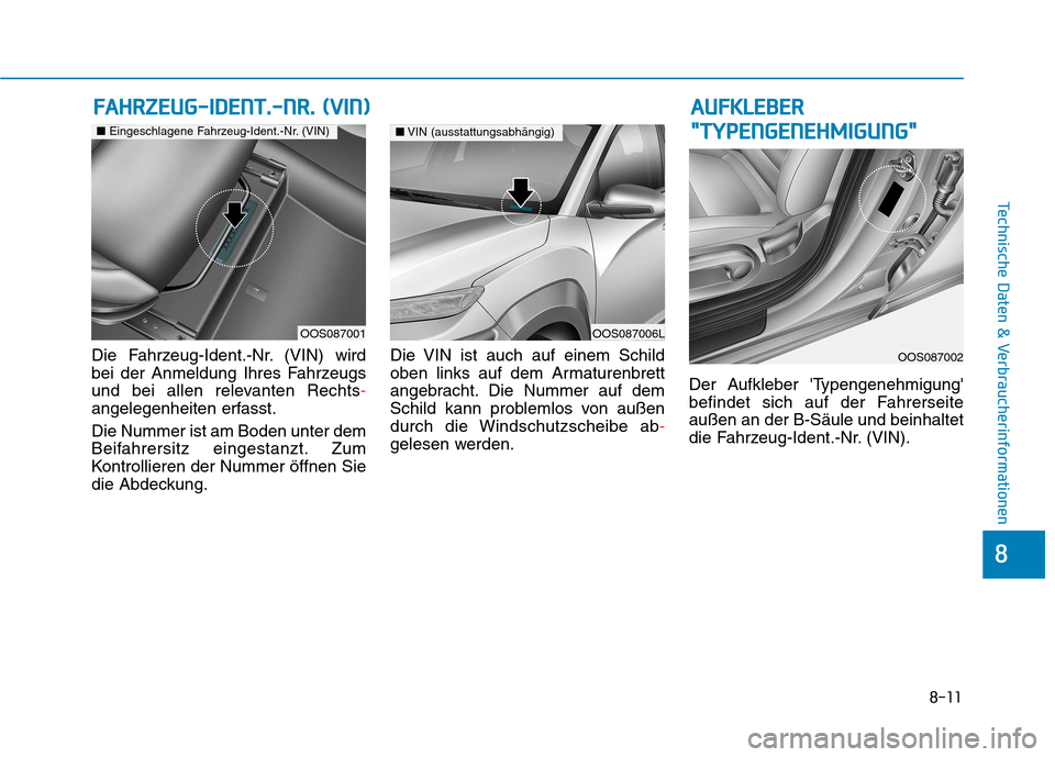 Hyundai Kona 2020  Betriebsanleitung (in German) 8-11
8
Technische Daten & Verbraucherinformationen
Die Fahrzeug-Ident.-Nr. (VIN) wird
bei der Anmeldung Ihres Fahrzeugs
und bei allen relevanten Rechts-
angelegenheiten erfasst.
Die Nummer ist am Bode