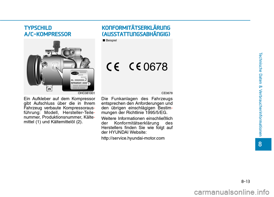 Hyundai Kona 2020  Betriebsanleitung (in German) 8-13
8
Technische Daten & Verbraucherinformationen
Ein Aufkleber auf dem Kompressor
gibt Aufschluss über die in Ihrem
Fahrzeug verbaute Kompressoraus-
führung: Modell, Hersteller-Teile-
nummer, Prod
