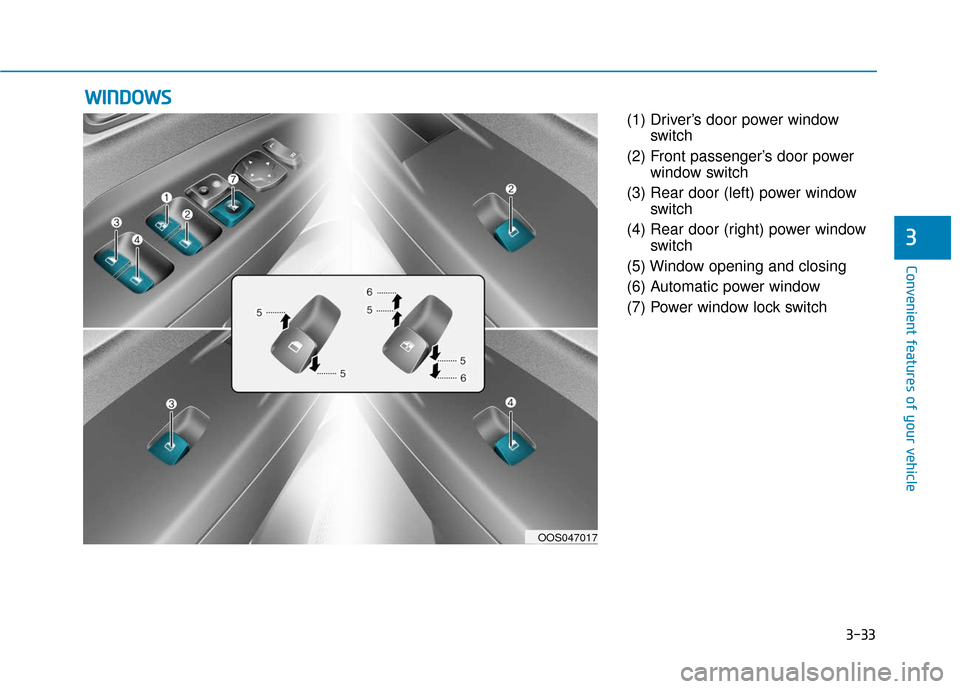 Hyundai Kona 2019  Owners Manual 3-33
Convenient features of your vehicle
3
(1) Driver’s door power windowswitch
(2) Front passenger’s door power window switch
(3) Rear door (left) power window switch
(4) Rear door (right) power 