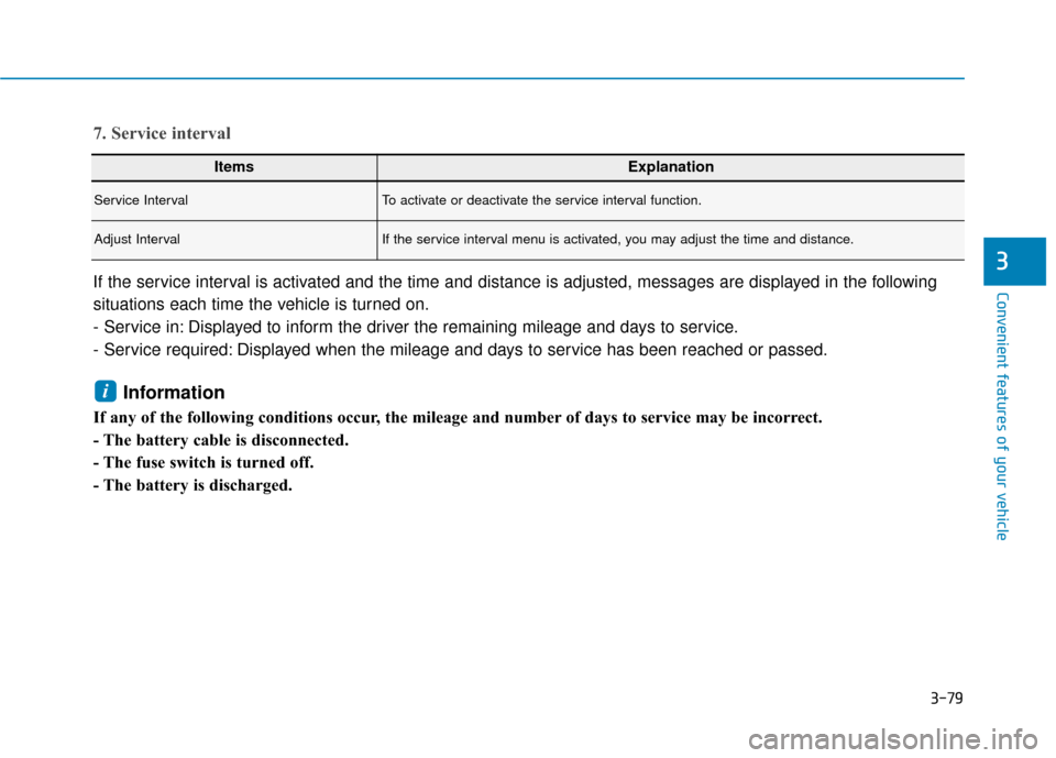 Hyundai Kona 2019  Owners Manual 3-79
Convenient features of your vehicle
3
ItemsExplanation
Service IntervalTo activate or deactivate the service interval function.
Adjust IntervalIf the service interval menu is activated, you may a