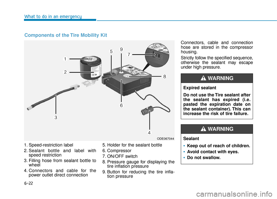 Hyundai Kona 2019  Owners Manual 6-22
1. Speed-restriction label
2. Sealant bottle and label withspeed restriction
3. Filling hose from sealant bottle to wheel
4. Connectors and cable for the power outlet direct connection 5. Holder 