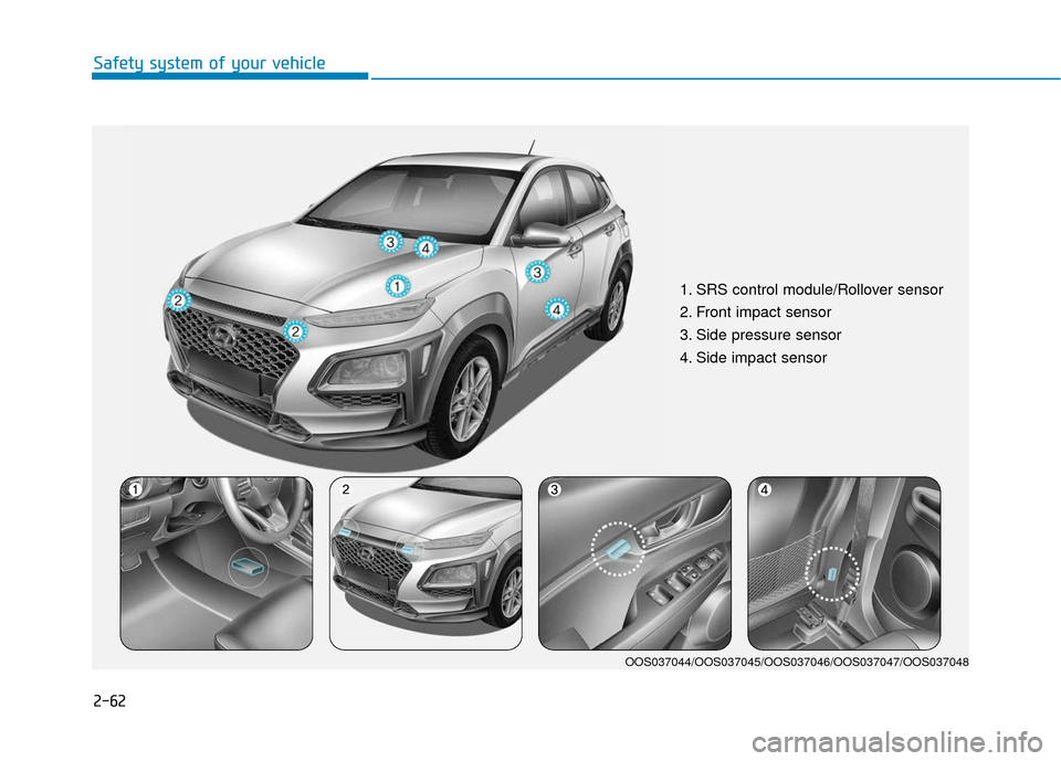 Hyundai Kona 2019  Owners Manual 2-62
Safety system of your vehicle
1. SRS control module/Rollover sensor 
2. Front impact sensor
3. Side pressure sensor  
4. Side impact sensor 
OOS037044/OOS037045/OOS037046/OOS037047/OOS037048 