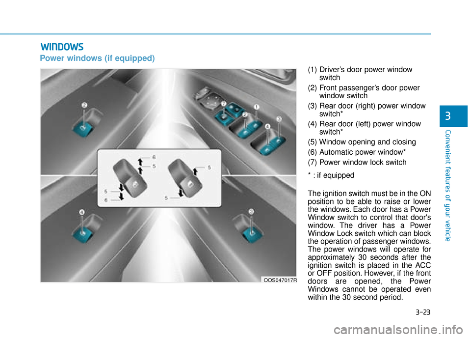 Hyundai Kona 2019  Owners Manual - RHD (UK, Australia) 3-23
Convenient features of your vehicle
3
Power windows (if equipped)
(1) Driver’s door power windowswitch
(2) Front passenger’s door power window switch
(3) Rear door (right) power window switch
