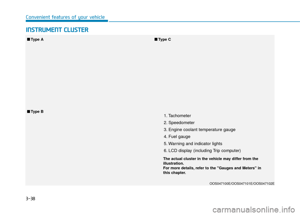 Hyundai Kona 2019  Owners Manual - RHD (UK, Australia) 3-38
Convenient features of your vehicle
1. Tachometer 
2. Speedometer
3. Engine coolant temperature gauge
4. Fuel gauge
5. Warning and indicator lights
6. LCD display (including Trip computer)
OOS047