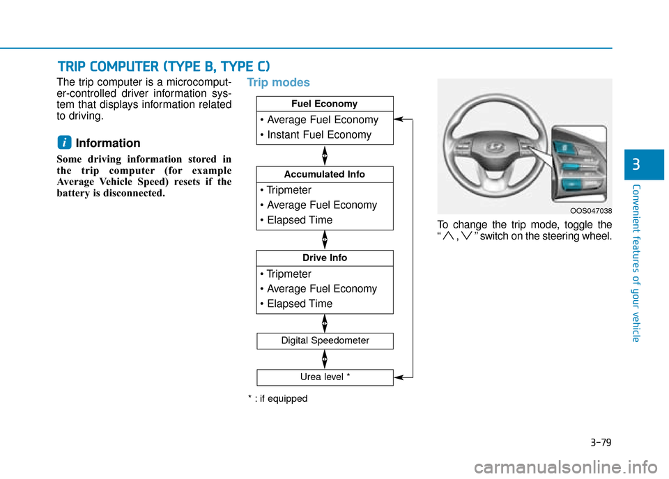 Hyundai Kona 2019  Owners Manual - RHD (UK, Australia) 3-79
Convenient features of your vehicle
3
The trip computer is a microcomput-
er-controlled driver information sys-
tem that displays information related
to driving.
Information 
Some driving informa