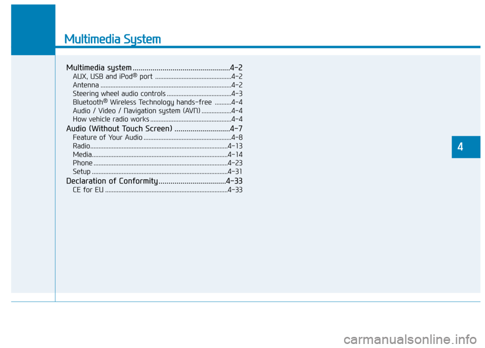 Hyundai Kona 2019 Owners Manual - RHD (UK, Australia) Multimedia System
Multimedia system .................................................4-2
AUX, USB and iPod®port ..............................................4-2
Antenna ............................. Hyundai Kona 2019 Owners Manual - RHD (UK, Australia) Multimedia System
Multimedia system .................................................4-2
AUX, USB and iPod®port ..............................................4-2
Antenna .............................