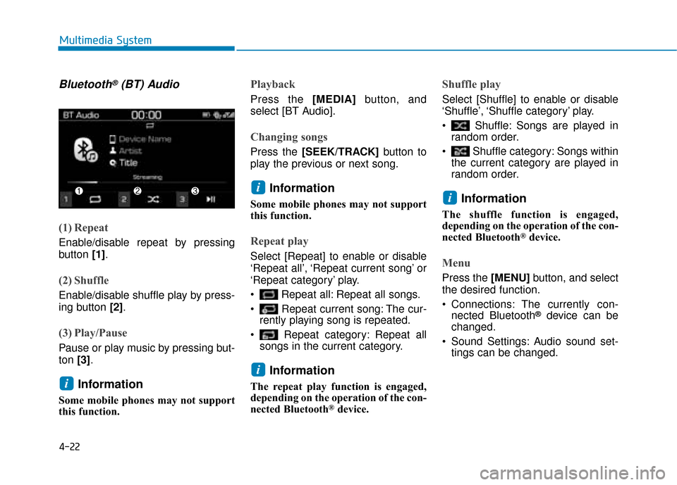 Hyundai Kona 2019  Owners Manual - RHD (UK, Australia) 4-22
Multimedia System
Bluetooth®(BT) Audio
(1) Repeat
Enable/disable repeat by pressing
button [1].
(2) Shuffle
Enable/disable shuffle play by press-
ing button  [2].
(3) Play/Pause
Pause or play mu