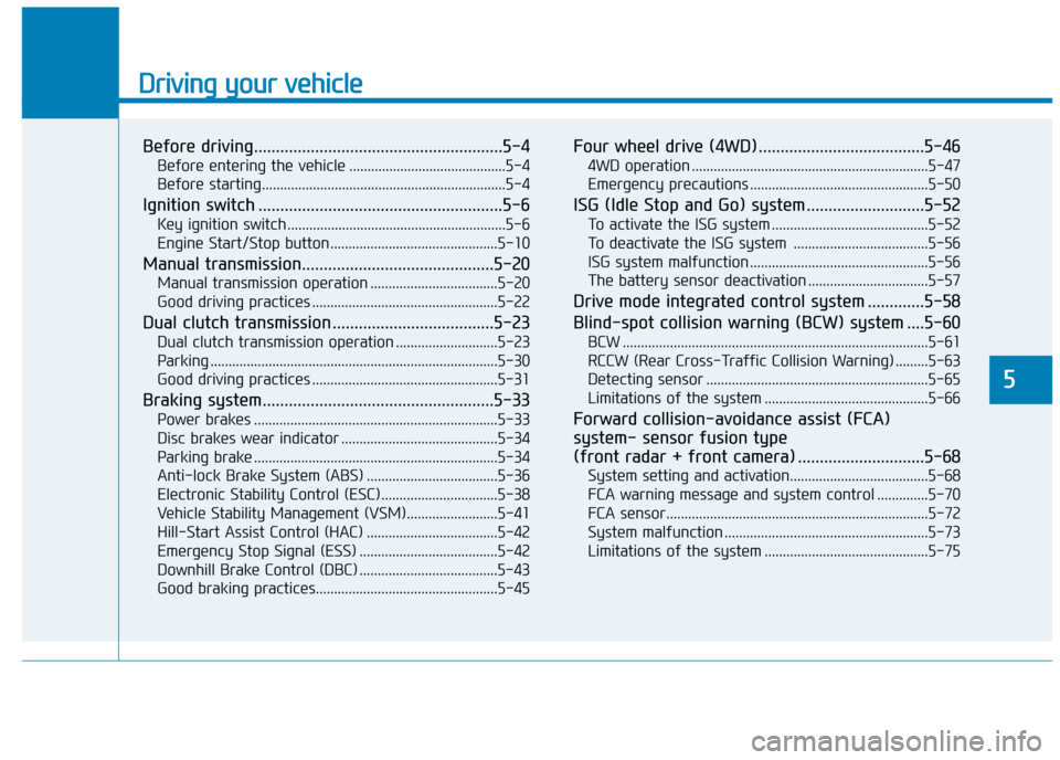 Hyundai Kona 2019  Owners Manual - RHD (UK, Australia) Driving your vehicle
Before driving.........................................................5-4
Before entering the vehicle ...........................................5-4
Before starting..............