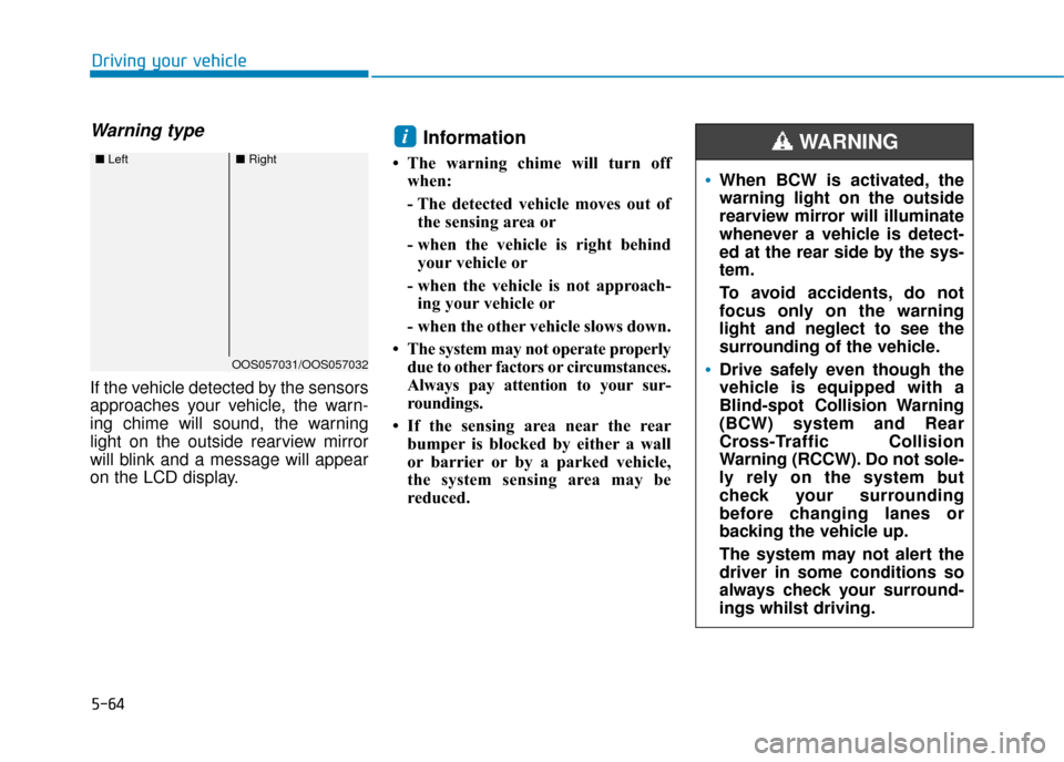 Hyundai Kona 2019 Owners Manual - RHD (UK, Australia) 5-64
Driving your vehicle
Warning type
If the vehicle detected by the sensors
approaches your vehicle, the warn-
ing chime will sound, the warning
light on the outside rearview mirror
will blink and a Hyundai Kona 2019 Owners Manual - RHD (UK, Australia) 5-64
Driving your vehicle
Warning type
If the vehicle detected by the sensors
approaches your vehicle, the warn-
ing chime will sound, the warning
light on the outside rearview mirror
will blink and a