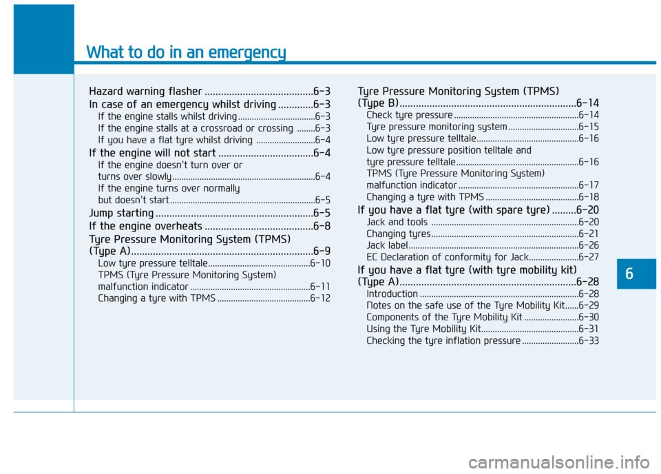 Hyundai Kona 2019  Owners Manual - RHD (UK, Australia) What to do in an emergency
Hazard warning flasher ........................................6-3
In case of an emergency whilst driving .............6-3
If the engine stalls whilst driving ..............