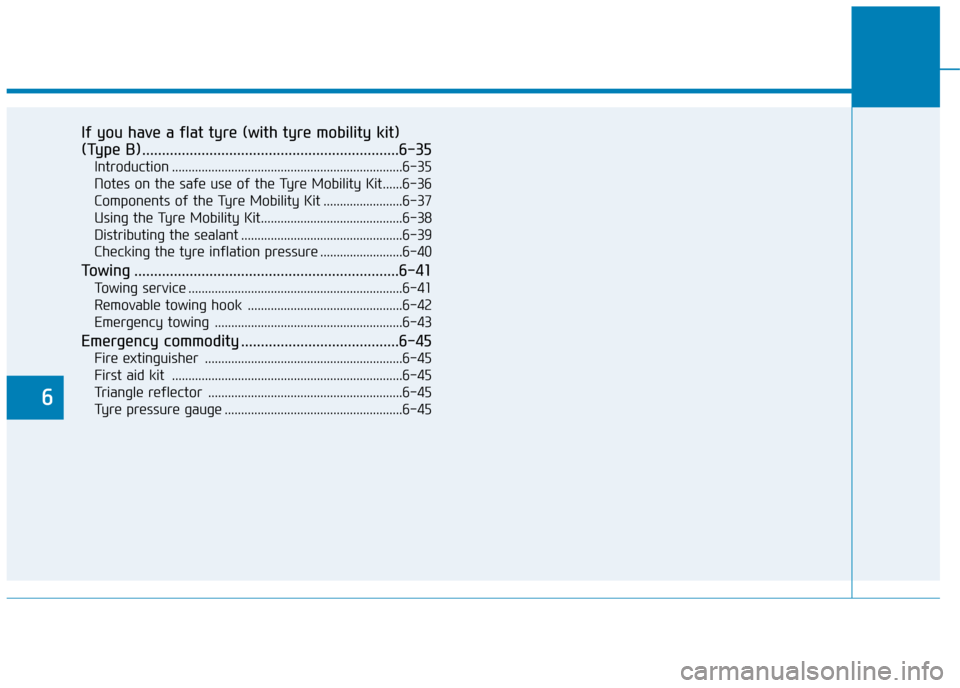 Hyundai Kona 2019  Owners Manual - RHD (UK, Australia) If you have a flat tyre (with tyre mobility kit)
(Type B).................................................................6-35
Introduction ............................................................