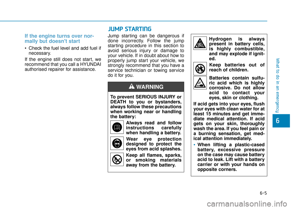 Hyundai Kona 2019  Owners Manual - RHD (UK, Australia) 6-5
What to do in an emergency
6
If the engine turns over nor-
mally but doesnt start 
 Check the fuel level and add fuel ifnecessary.
If the engine still does not start, we
recommend that you call a
