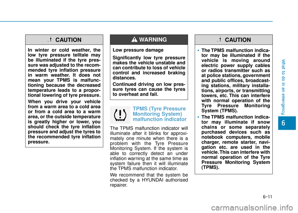 Hyundai Kona 2019  Owners Manual - RHD (UK, Australia) 6-11
What to do in an emergency
6
TPMS (Tyre Pressure
Monitoring System)
malfunction indicator
The TPMS malfunction indicator will
illuminate after it blinks for approxi-
mately one minute when there 