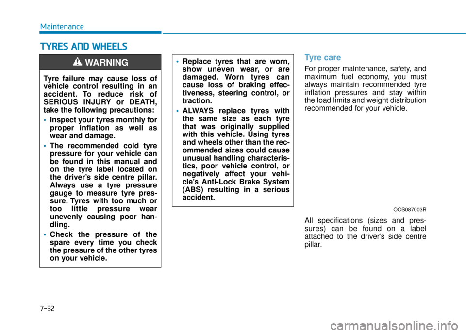 Hyundai Kona 2019  Owners Manual - RHD (UK, Australia) 7-32
Maintenance
T
TY
Y R
RE
ES
S 
 A
A N
N D
D 
 W
W H
HE
EE
EL
LS
S
Tyre care
For proper maintenance, safety, and
maximum fuel economy, you must
always maintain recommended tyre
inflation pressures 