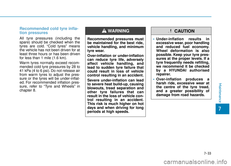 Hyundai Kona 2019  Owners Manual - RHD (UK, Australia) 7-33
7
Maintenance
Recommended cold tyre infla-
tion pressures 
All tyre pressures (including the
spare) should be checked when the
tyres are cold. “Cold tyres” means
the vehicle has not been driv