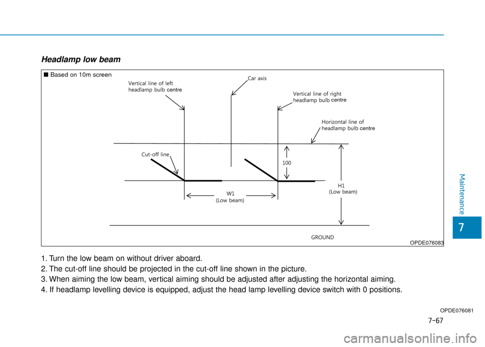Hyundai Kona 2019  Owners Manual - RHD (UK, Australia) 7-67
7
Maintenance
Headlamp low beam
1. Turn the low beam on without driver aboard.
2. The cut-off line should be projected in the cut-off line shown in the picture.
3. When aiming the low beam, verti