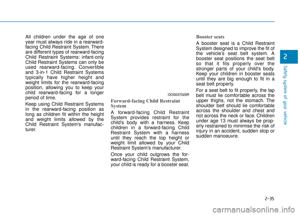 Hyundai Kona 2019  Owners Manual - RHD (UK, Australia) 2-35
Safety system of your vehicle
2
All children under the age of one
year must always ride in a rearward-
facing Child Restraint System. There
are different types of rearward-facing
Child Restraint 