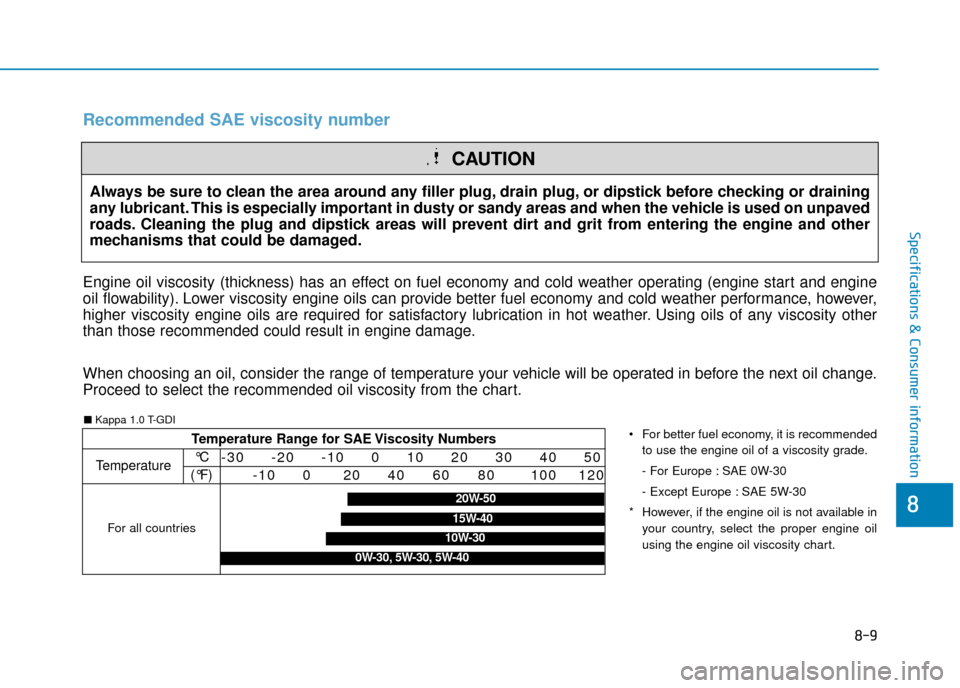 Hyundai Kona 2019  Owners Manual - RHD (UK, Australia) 8-9
8
Specifications & Consumer information
Always be sure to clean the area around any filler plug, drain plug, or dipstick before checking or draining
any lubricant. This is especially important in 