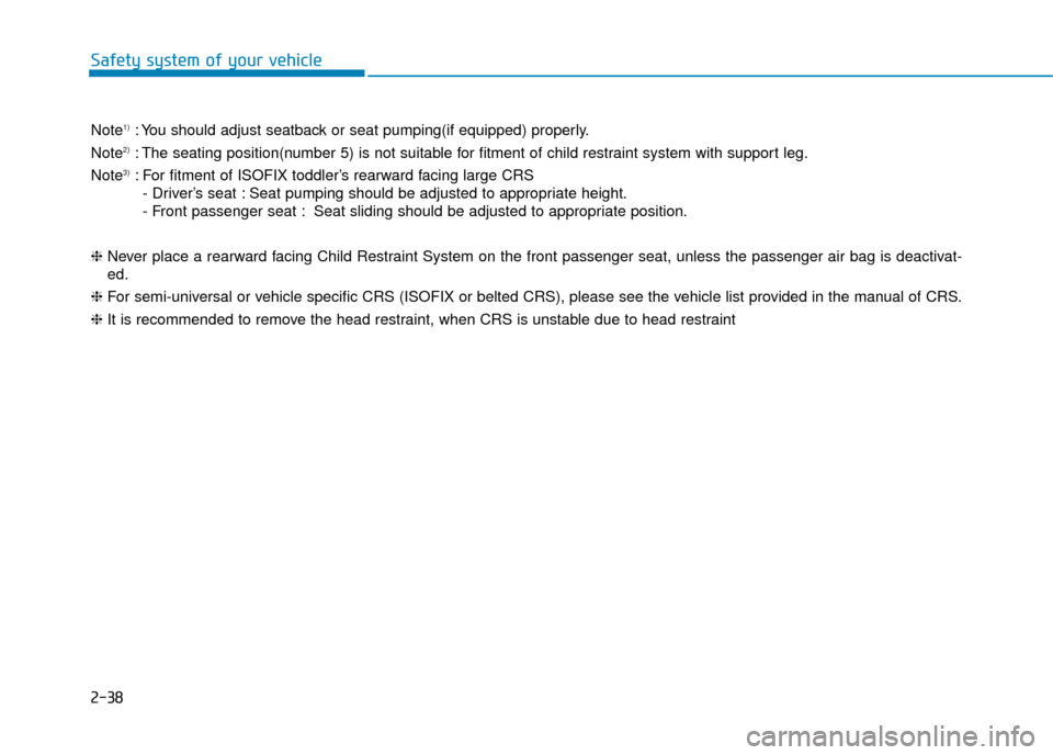 Hyundai Kona 2019  Owners Manual - RHD (UK, Australia) 2-38
Safety system of your vehicle
Note1): You should adjust seatback or seat pumping(if equipped) properly.
Note
2): The seating position(number 5) is not suitable for fitment of child restraint syst