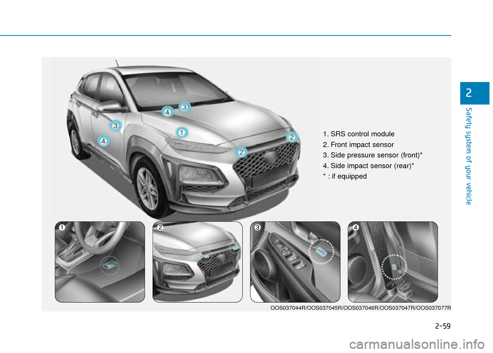 Hyundai Kona 2019  Owners Manual - RHD (UK, Australia) 2-59
Safety system of your vehicle
2
1. SRS control module
2. Front impact sensor
3. Side pressure sensor (front)*
4. Side impact sensor (rear)*
* : if equipped
OOS037044R/OOS037045R/OOS037046R/OOS037