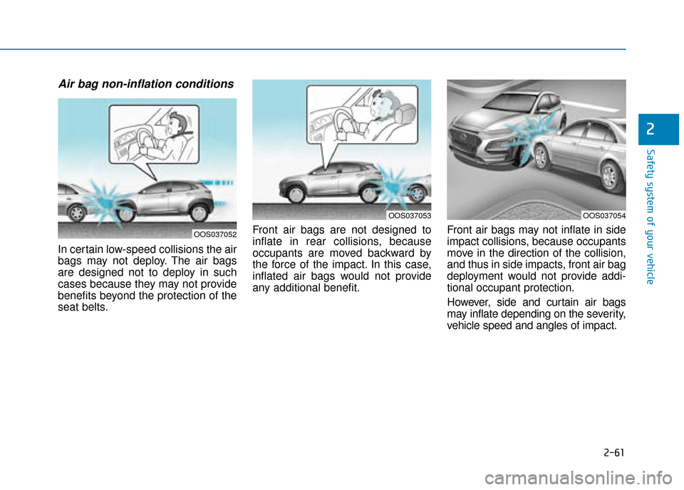 Hyundai Kona 2019  Owners Manual - RHD (UK, Australia) 2-61
Safety system of your vehicle
2
Air bag non-inflation conditions 
In certain low-speed collisions the air
bags may not deploy. The air bags
are designed not to deploy in such
cases because they m