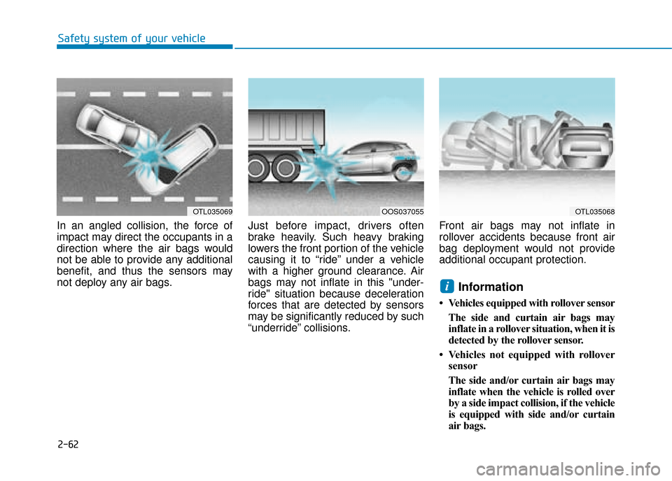 Hyundai Kona 2019  Owners Manual - RHD (UK, Australia) 2-62
Safety system of your vehicle
In an angled collision, the force of
impact may direct the occupants in a
direction where the air bags would
not be able to provide any additional
benefit, and thus 