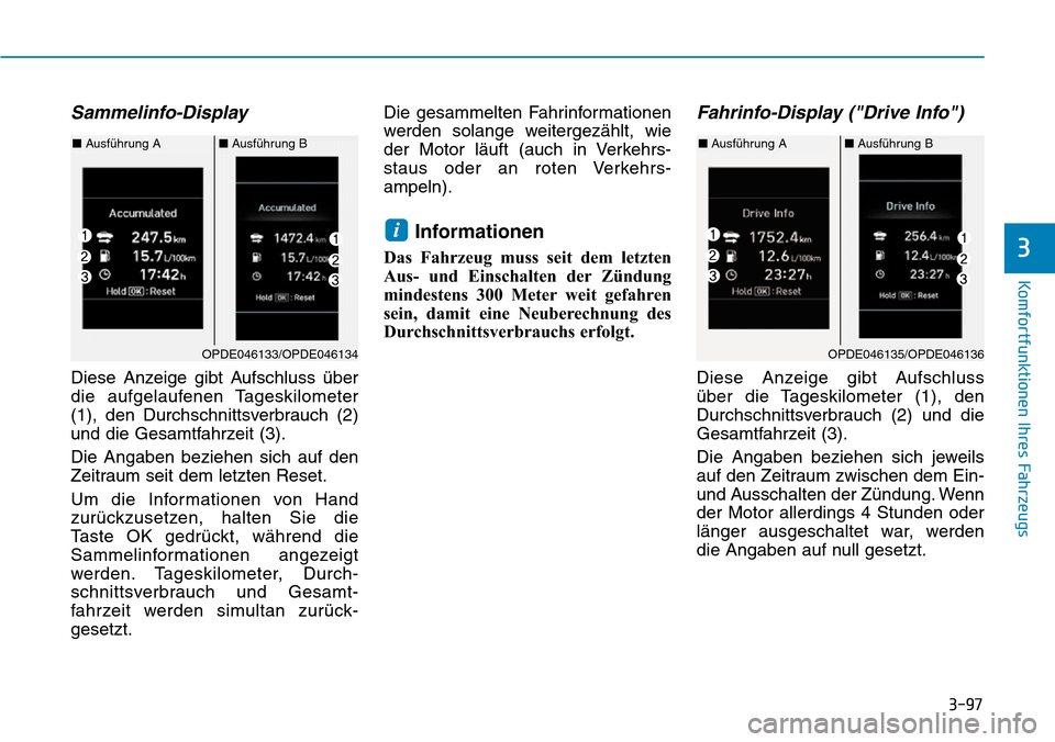 Hyundai Kona 2019 Betriebsanleitung (in German) 3-97
Komfortfunktionen Ihres Fahrzeugs
3
Sammelinfo-Display
Diese Anzeige gibt Aufschluss über
die aufgelaufenen Tageskilometer
(1), den Durchschnittsverbrauch (2)
und die Gesamtfahrzeit (3).
Die An Hyundai Kona 2019 Betriebsanleitung (in German) 3-97
Komfortfunktionen Ihres Fahrzeugs
3
Sammelinfo-Display
Diese Anzeige gibt Aufschluss über
die aufgelaufenen Tageskilometer
(1), den Durchschnittsverbrauch (2)
und die Gesamtfahrzeit (3).
Die An
